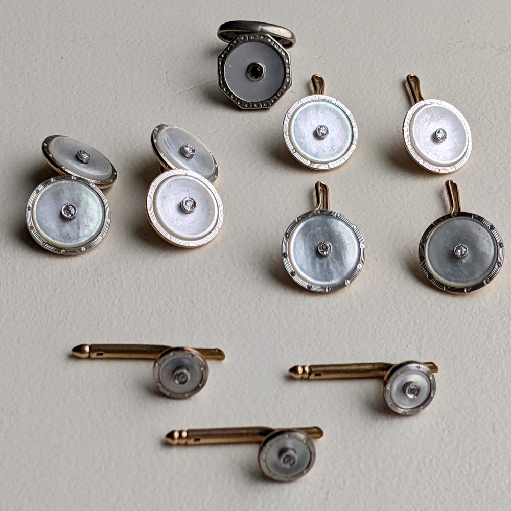 ANTIQUE EDWARDIAN 14KT SOLID GOLD & DIAMOND MOTHER OF PEARL CUFFLINKS DRESS SET